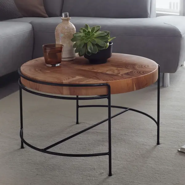 FineBuy Couchtisch Akazie Massivholz rund, Braun – 62 cm
