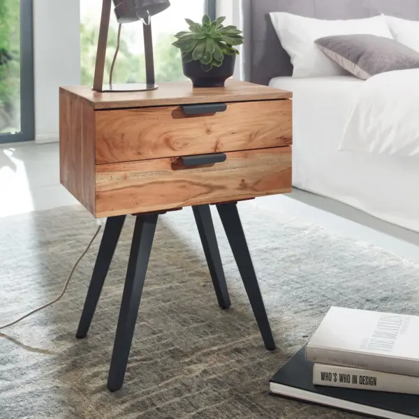 FineBuy Nachtkästchen Akazie aus Massivholz, 47 × 35 × 65 cm – für Boxspringbett
