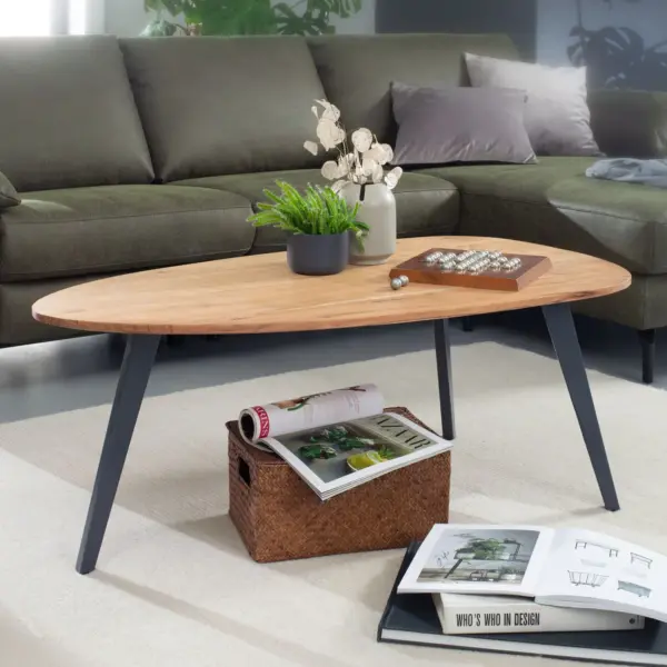 FineBuy Couchtisch Akazie Natur Massivholz oval, Braun – 110 cm