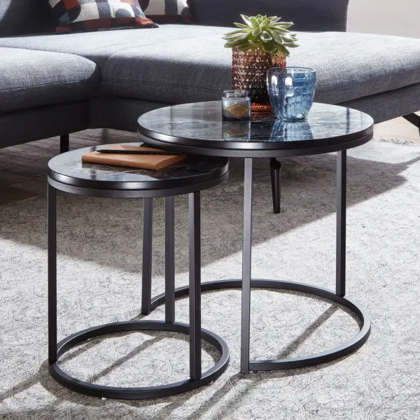 FineBuy Design Beistelltisch 2er Set Marmor Optik Rund, Schwarz FineBuy Design Beistelltisch 2er Set Marmor Optik Rund, Schwarz
