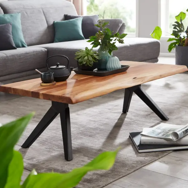 FineBuy Couchtisch Akazie Massivholz 115 cm rechteckig · Wohnzimmertisch mit Baumkante und schwarzem V-Gestell aus Metall · Handgefertigter Massivholztisch im modernen Industrial Design