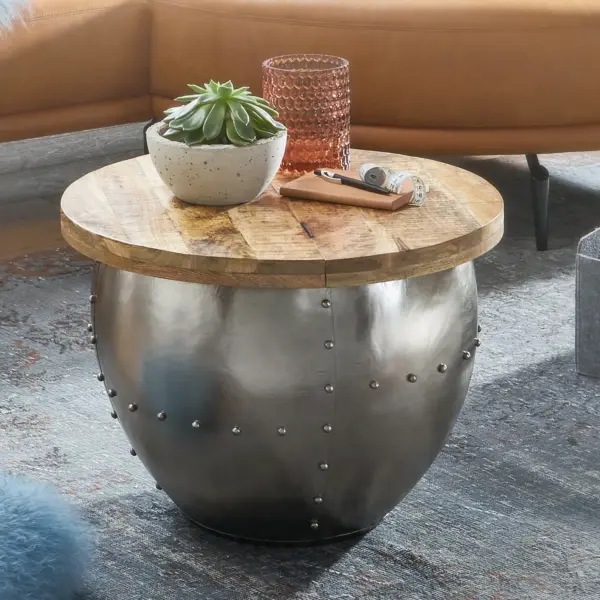 FineBuy Couchtisch Mango Massivholz / Metall, Silber – 60 × 43 × 60 cm