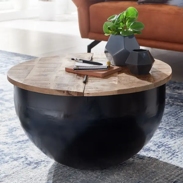 FineBuy Couchtisch Mango Massivholz Metall, Schwarz – 60 × 34 × 60 cm