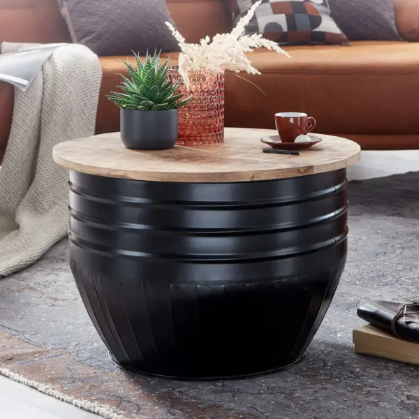 FineBuy Couchtisch Mango Massivholz Metall, Schwarz – 60 × 41 × 60 cm