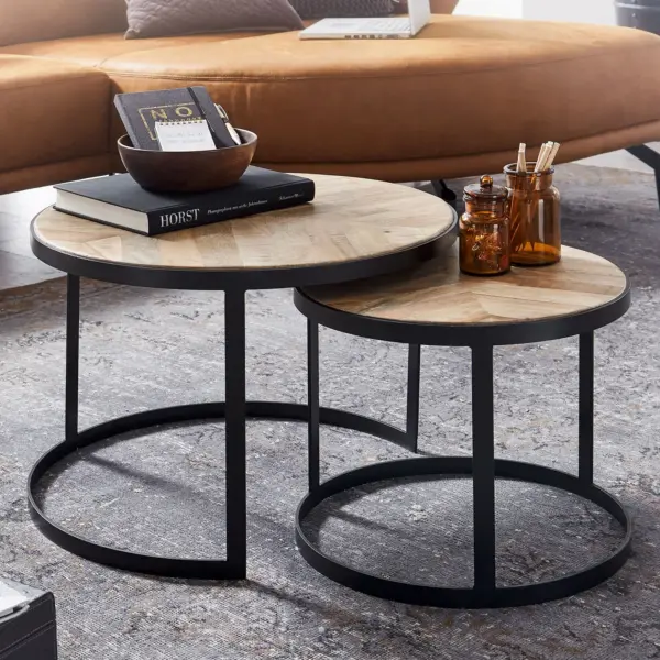 FineBuy Couchtisch 2er Set Massivholz / Metall Wohnzimmertisch Industrial Rund, Braun