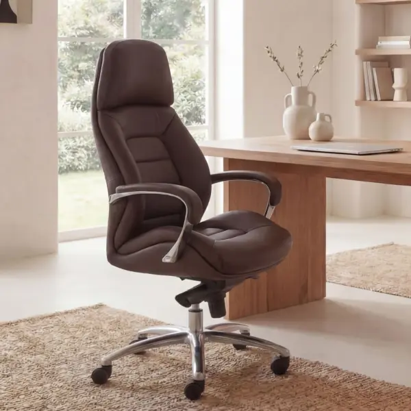 FineBuy Designer Bürostuhl Bezug Echtleder Schreibtischstuhl bis 120 kg, Braun