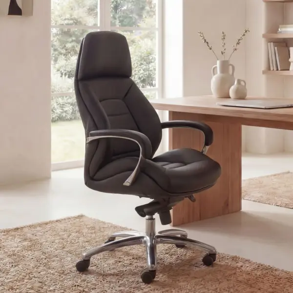 FineBuy Designer Bürostuhl Bezug Echtleder Schreibtischstuhl bis 120 kg, Schwarz