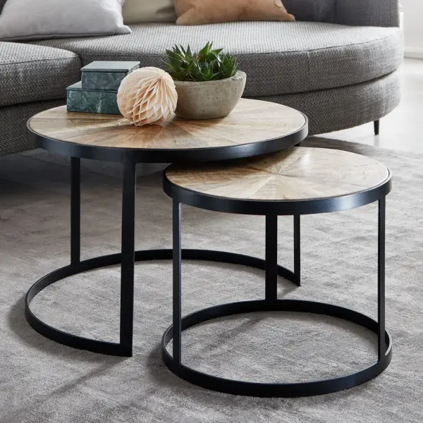 FineBuy Design Couchtisch 2er Set Mango Massivholz Satztisch Rund, Braun FineBuy Design Couchtisch 2er Set Mango Massivholz Satztisch Rund, Braun