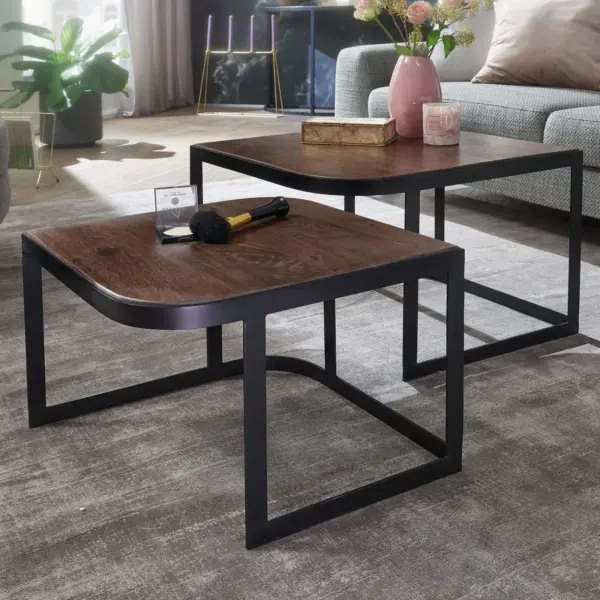 FineBuy Couchtisch 2er Set Mango Massivholz / Metall Wohnzimmertisch Braun, Schwarz