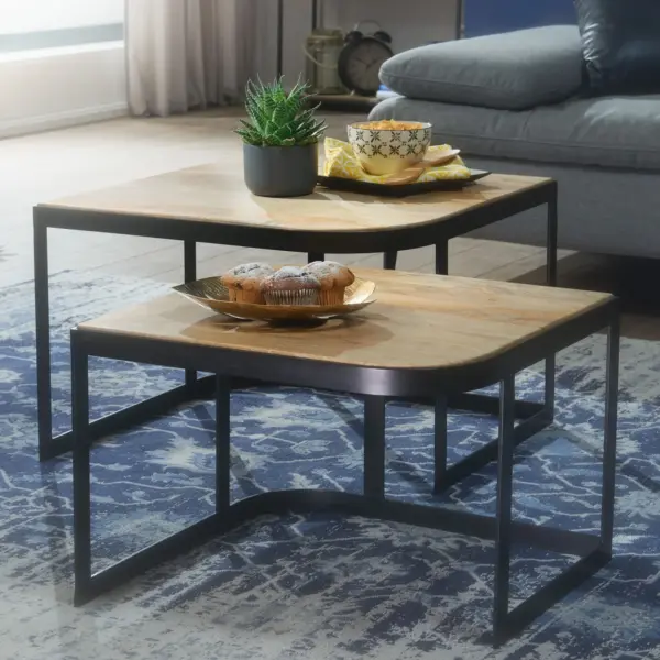 FineBuy Couchtisch 2er Set Mango Massivholz / Metall Wohnzimmertisch, Braun