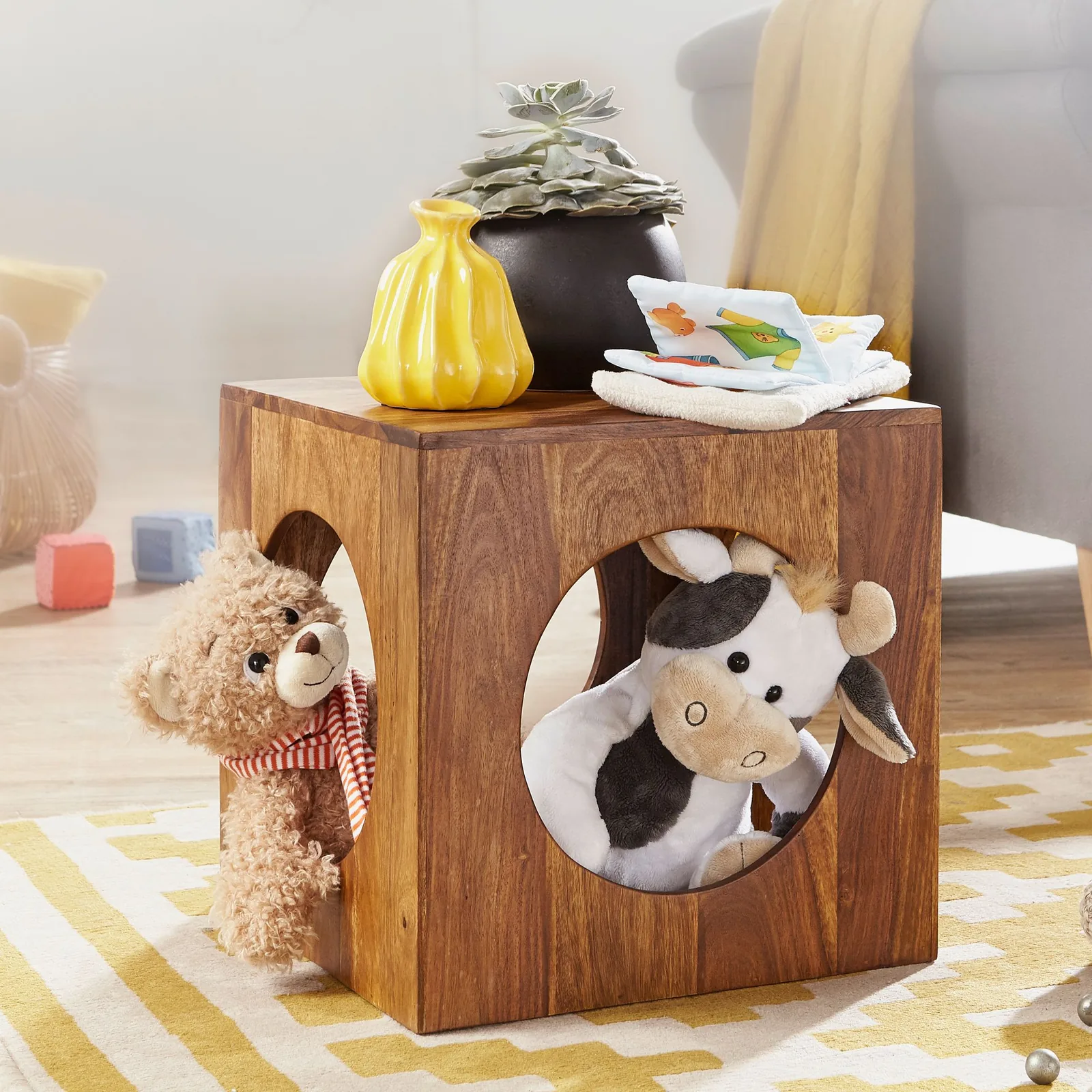 FineBuy Beistelltisch Sheesham Massivholz, Braun – 35 × 35 × 35 cm