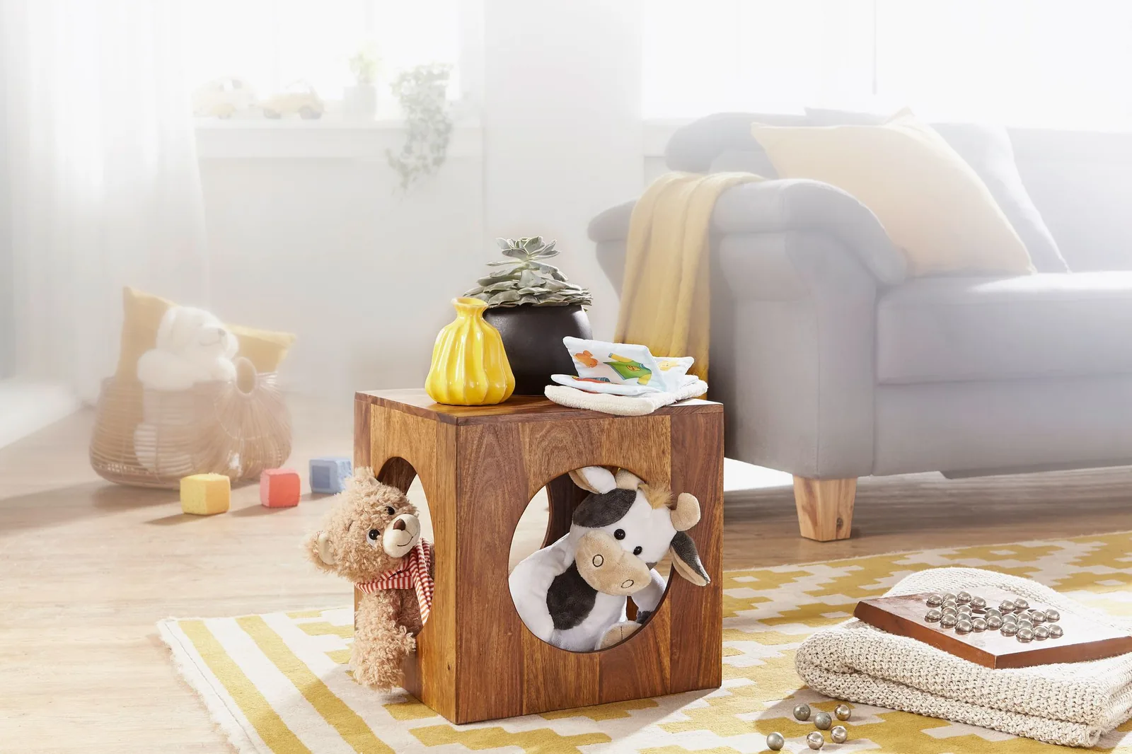 FineBuy Beistelltisch Sheesham Massivholz, Braun – 35 × 35 × 35 cm