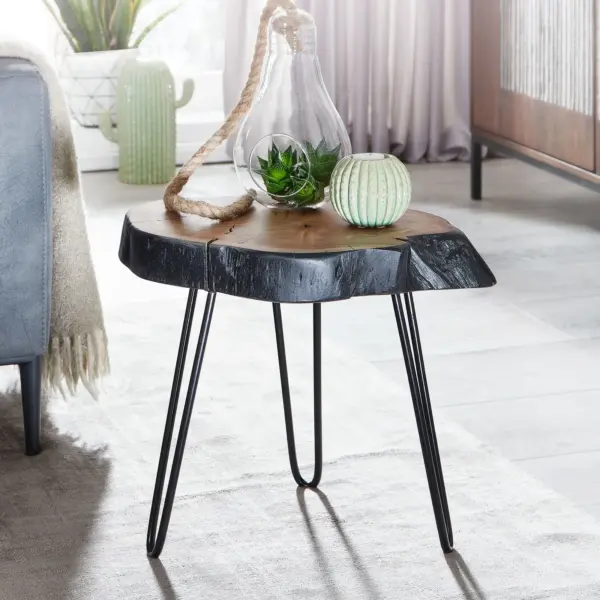FineBuy Beistelltisch Akazie Massivholz / Metall Industrial, Braun – 40 × 40 × 32 cm