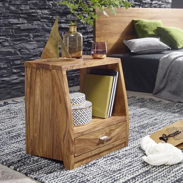 FineBuy Nachtkommode Sheesham Massivholz mit Schublade und Ablage, Braun – 45 × 40 × 53 cm