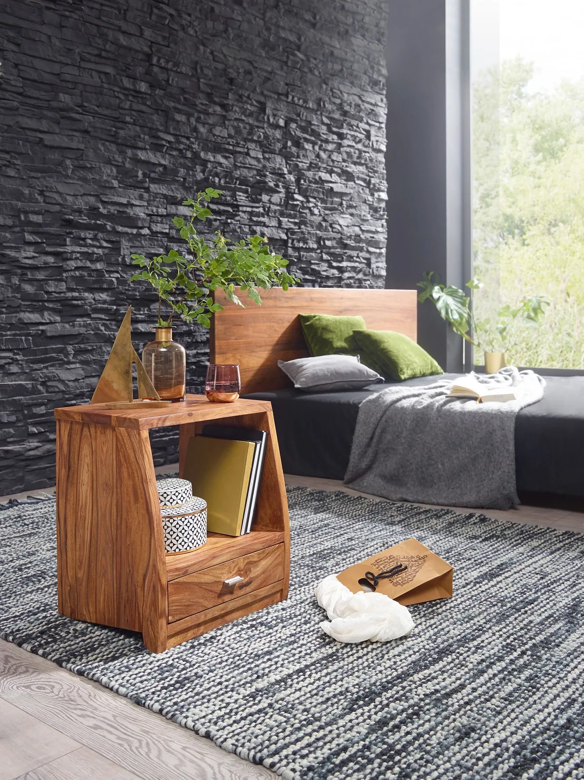 FineBuy Nachtkommode Sheesham Massivholz mit Schublade und Ablage, Braun – 45 × 40 × 53 cm