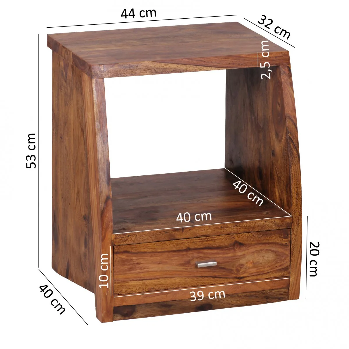 FineBuy Nachtkommode Sheesham Massivholz mit Schublade und Ablage, Braun – 45 × 40 × 53 cm