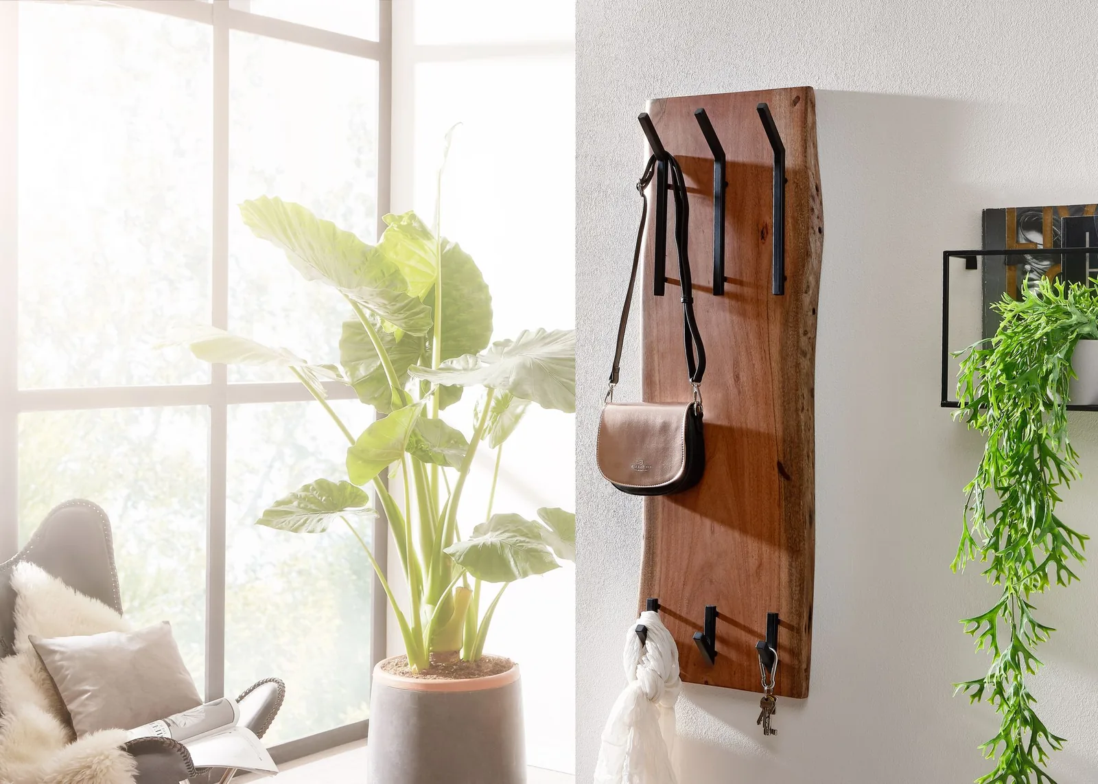 FineBuy Wandgarderobe Akazie Massivholz, Braun – 36 × 100 cm
