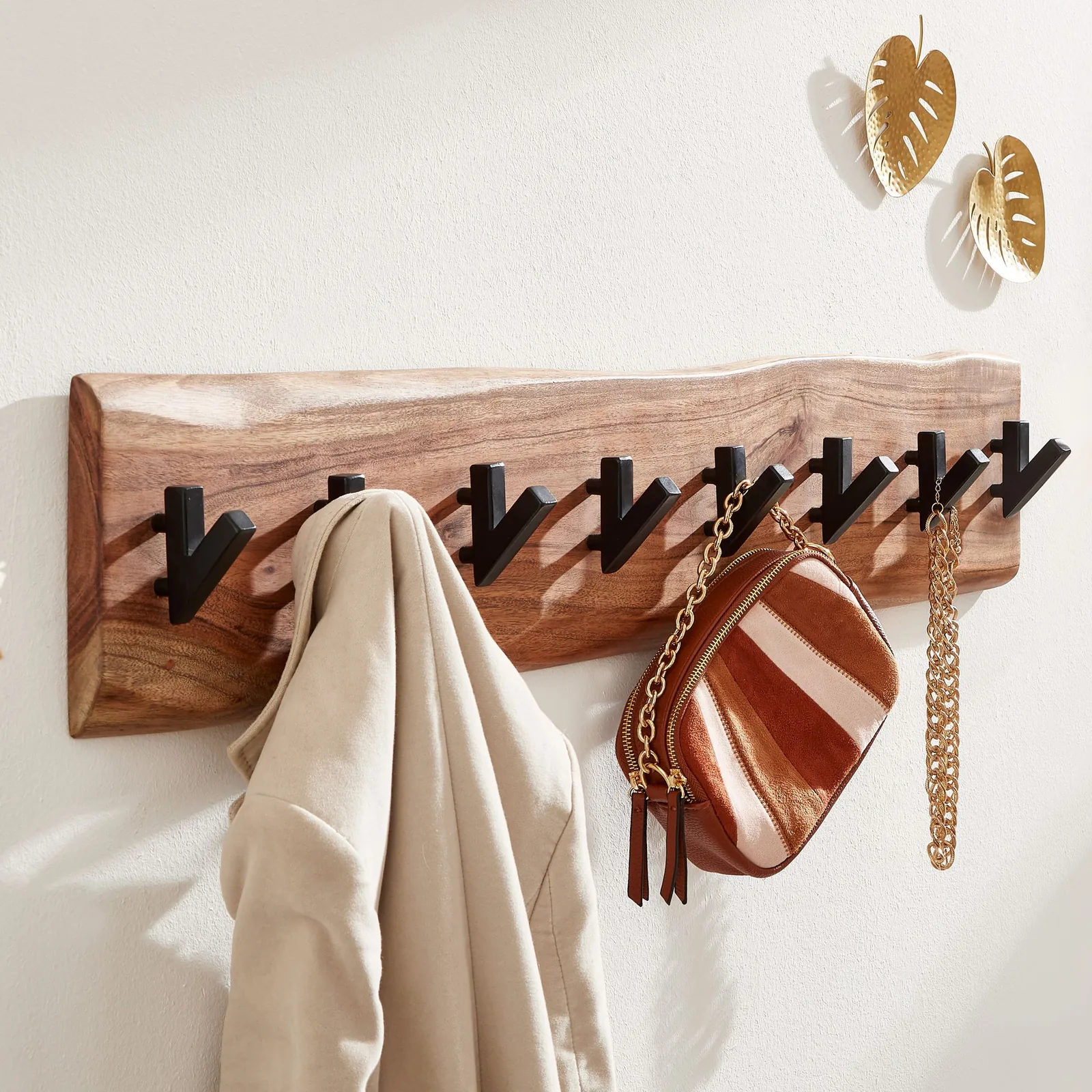 FineBuy Wandgarderobe Akazie Massivholz Baumkante Garderobenpaneel massiv Holz, Braun