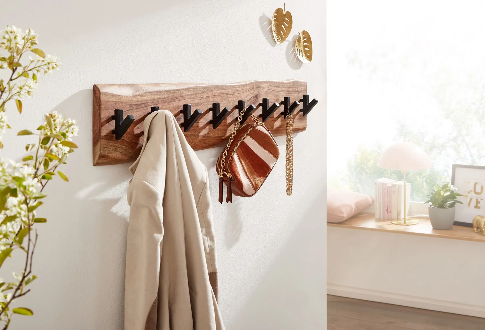 FineBuy Wandgarderobe Akazie Massivholz Baumkante Garderobenpaneel massiv Holz, Braun