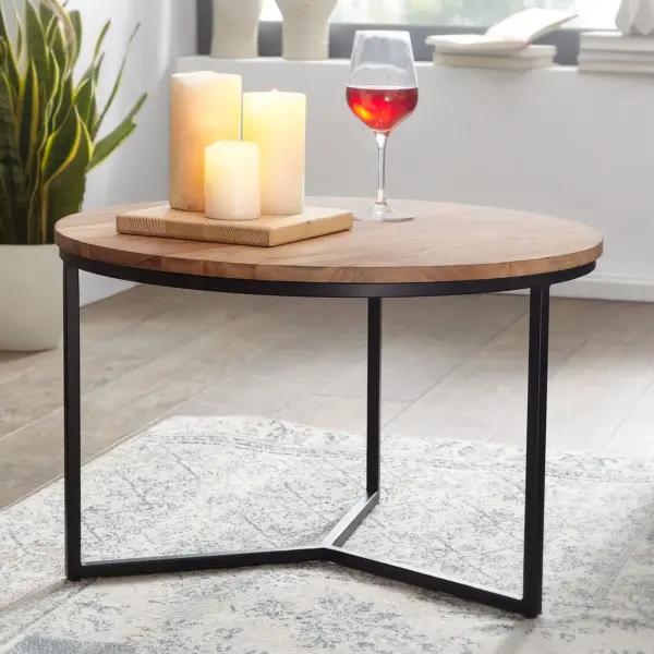 FineBuy Couchtisch Akazie Massivholz rund 60 cm · Kleiner Moderner Design Wohnzimmertisch mit Metallgestell · Handgefertigt Industrial Design