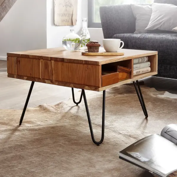 FineBuy Couchtisch quadratisch 60×60 cm Akazie Massivholz · Wohnzimmertisch mit Metall Hairpin Beinen & 2 Ablagen Stauraum · Industrial Design · Handgefertigt