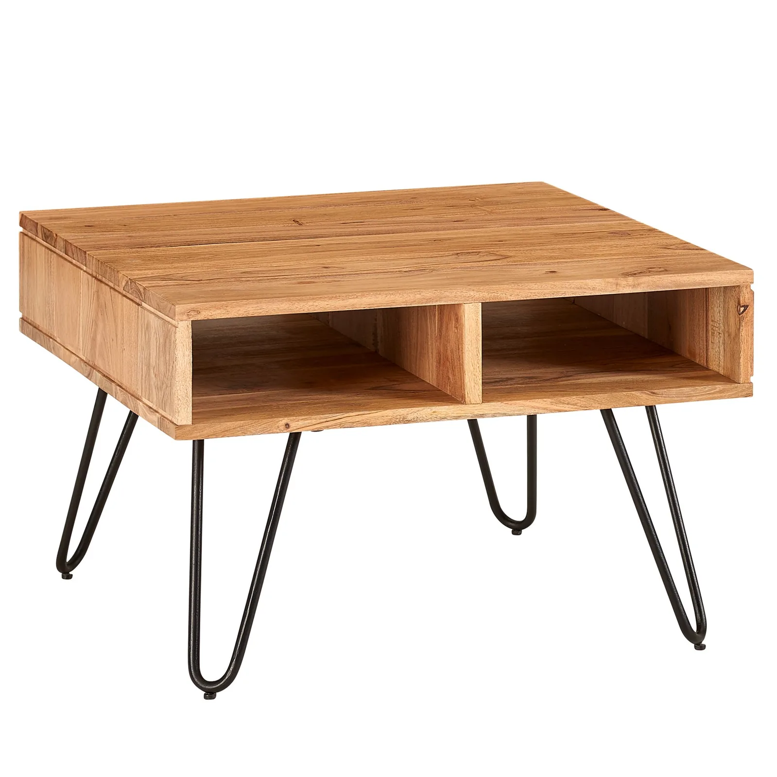 FineBuy Couchtisch quadratisch 60x60 cm Akazie Massivholz · Wohnzimmertisch mit Metall Hairpin Beinen & 2 Ablagen Stauraum · Industrial Design · Handgefertigt