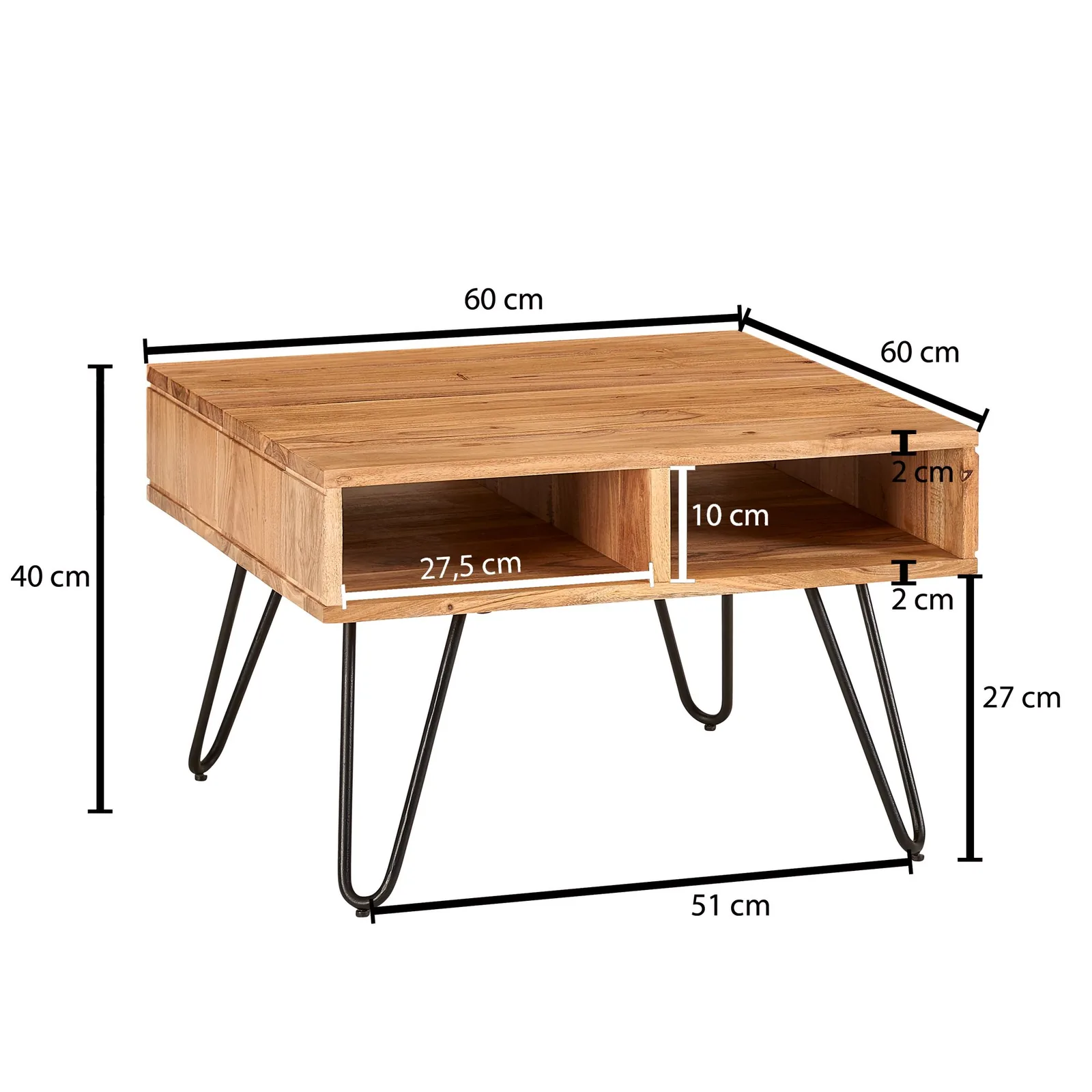 FineBuy Couchtisch quadratisch 60x60 cm Akazie Massivholz · Wohnzimmertisch mit Metall Hairpin Beinen & 2 Ablagen Stauraum · Industrial Design · Handgefertigt