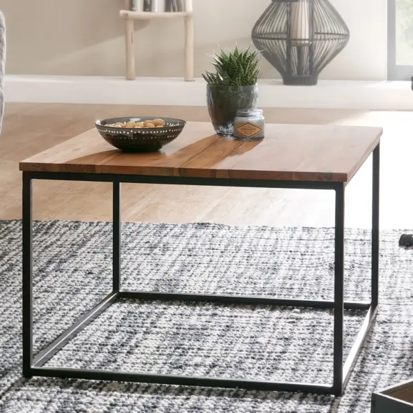 FineBuy Couchtisch quadratisch 60×60 cm Akazie Massivholz · Wohnzimmertisch mit schwarzem Metallgestell · Handgefertigt im Industrial Design · Natürlich & robust