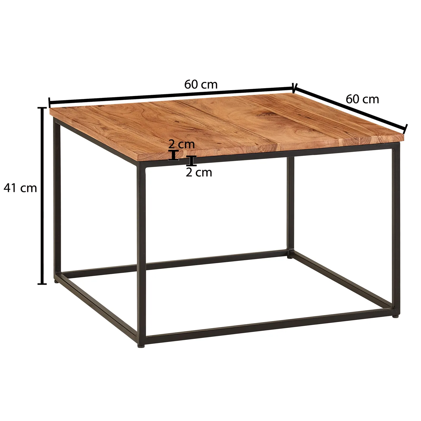 FineBuy Couchtisch quadratisch 60x60 cm Akazie Massivholz · Wohnzimmertisch mit schwarzem Metallgestell · Handgefertigt im Industrial Design · Natürlich & robust