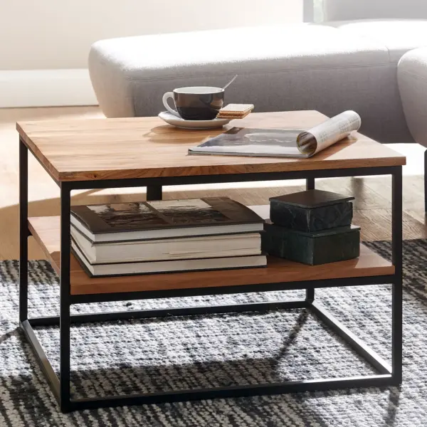 FineBuy Couchtisch quadratisch aus Massivholz, Braun – 60 × 60 cm