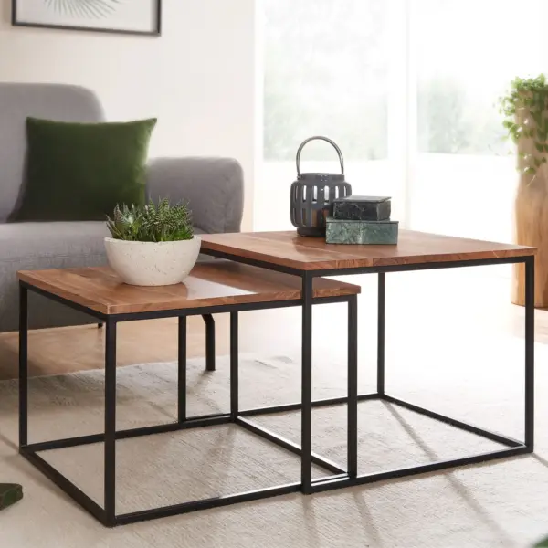 FineBuy Couchtisch 2er Set Akazie Massivholz quadratisch, Braun