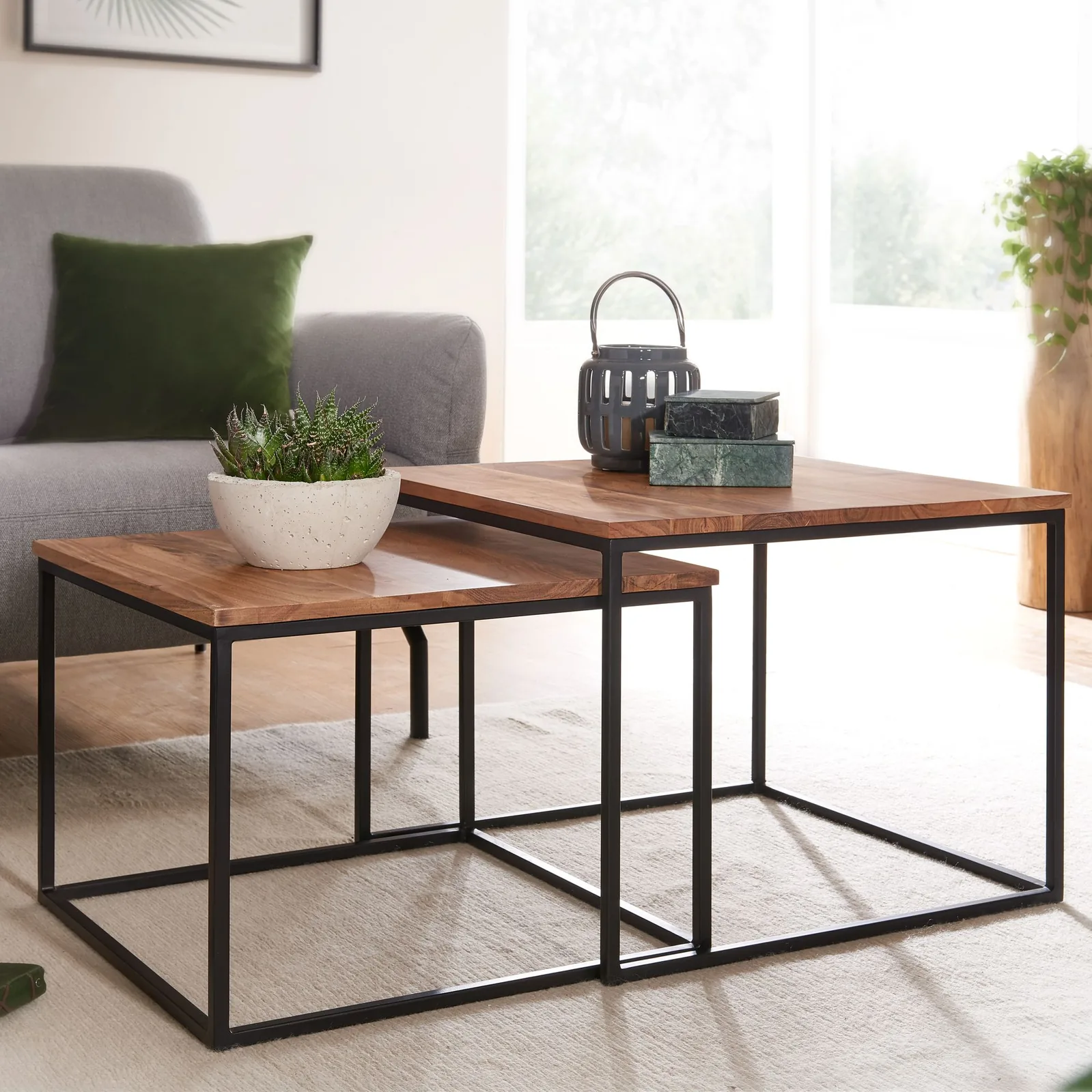 FineBuy Couchtisch 2er Set Akazie Massivholz quadratisch, Braun