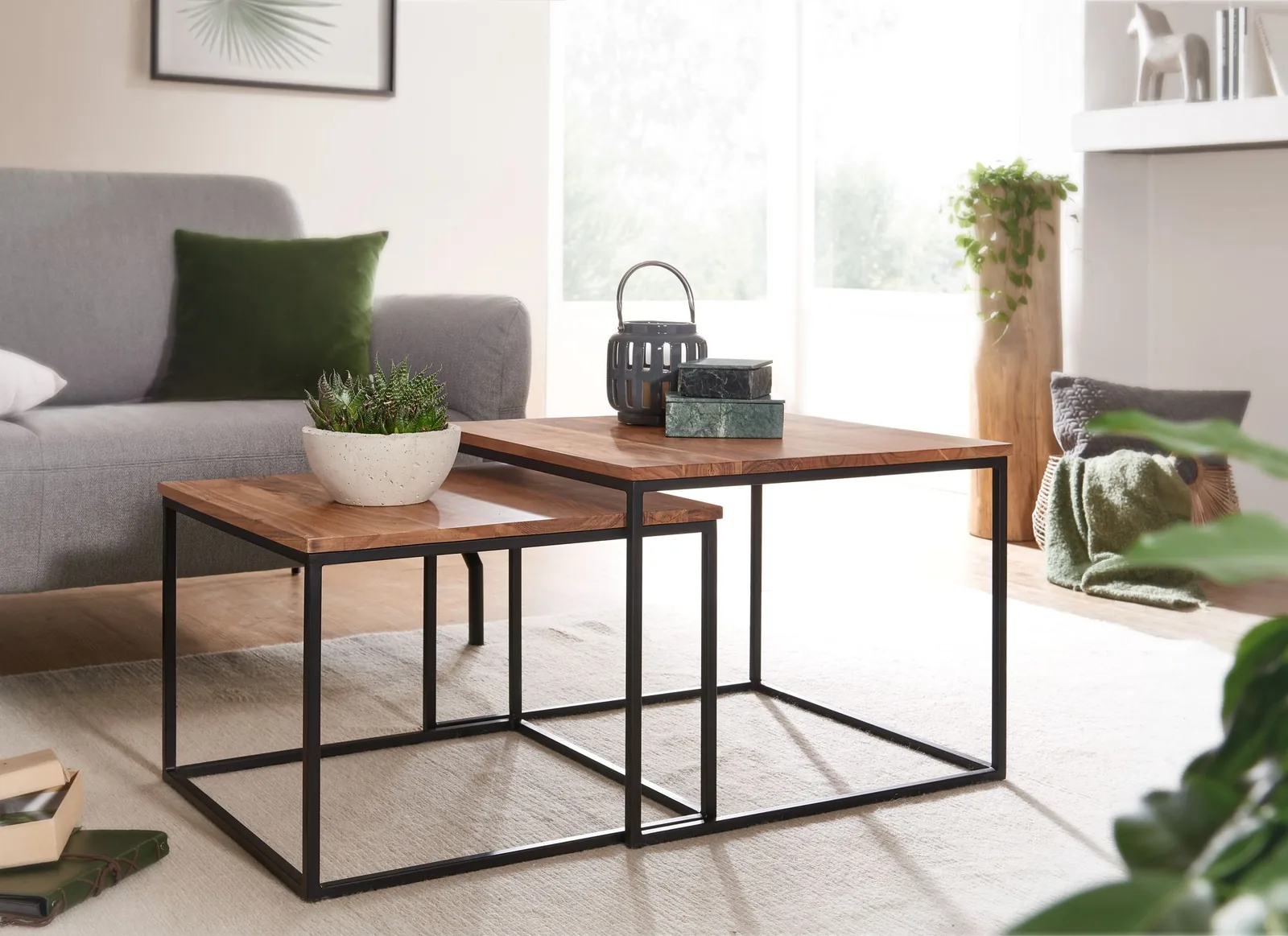FineBuy Couchtisch 2er Set Akazie Massivholz quadratisch, Braun