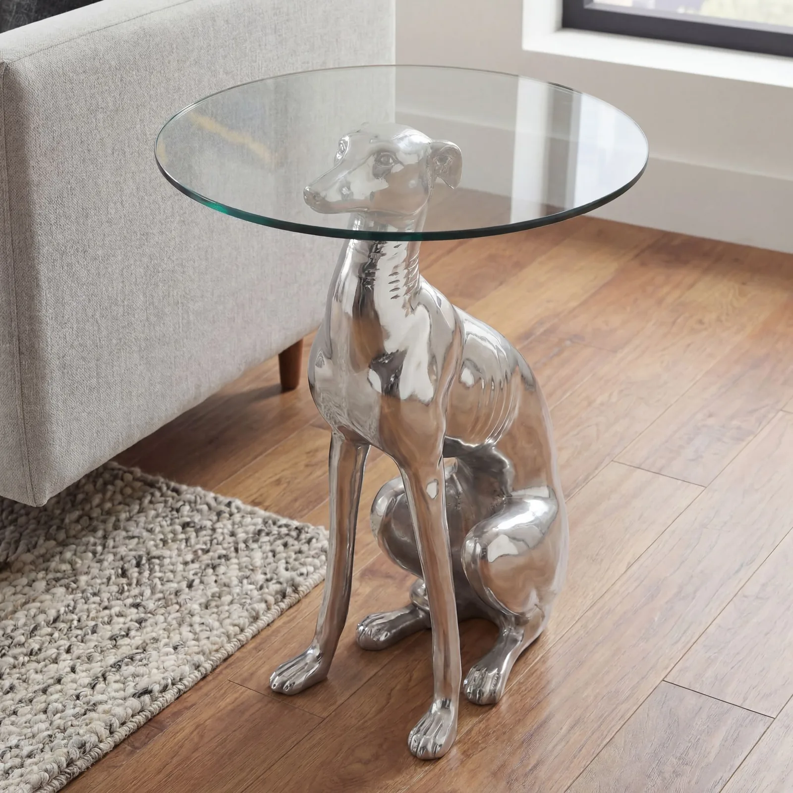FineBuy Design Beistelltisch Ø40cm Runder Couchtisch Hund aus Aluminium, Silber