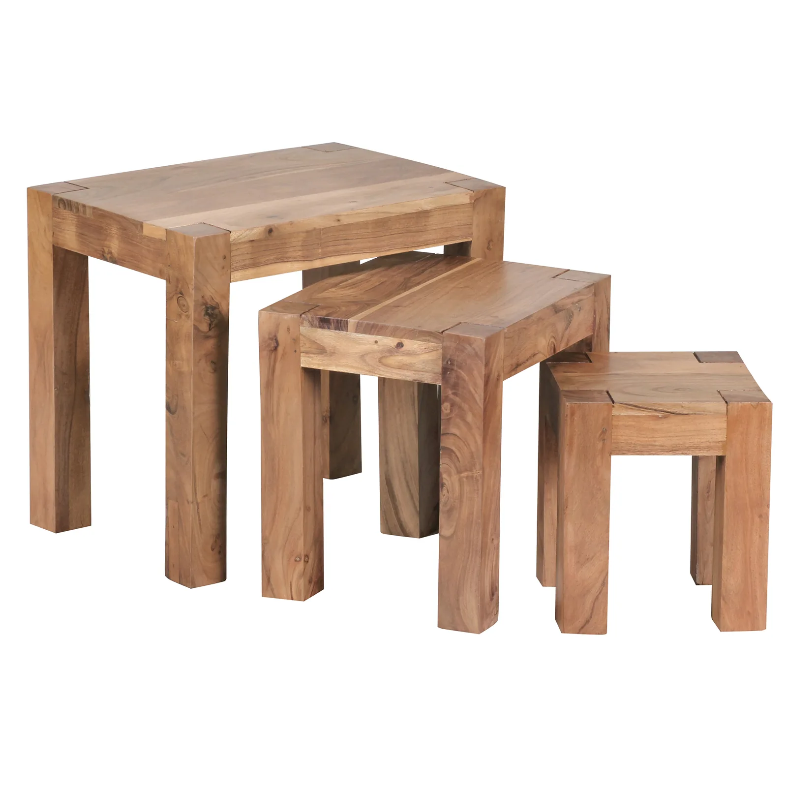 FineBuy 3er Set Satztisch Massiv-Holz Akazie Wohnzimmer-Tisch Landhaus-Stil Beistelltisch dunkel-braun Naturholz