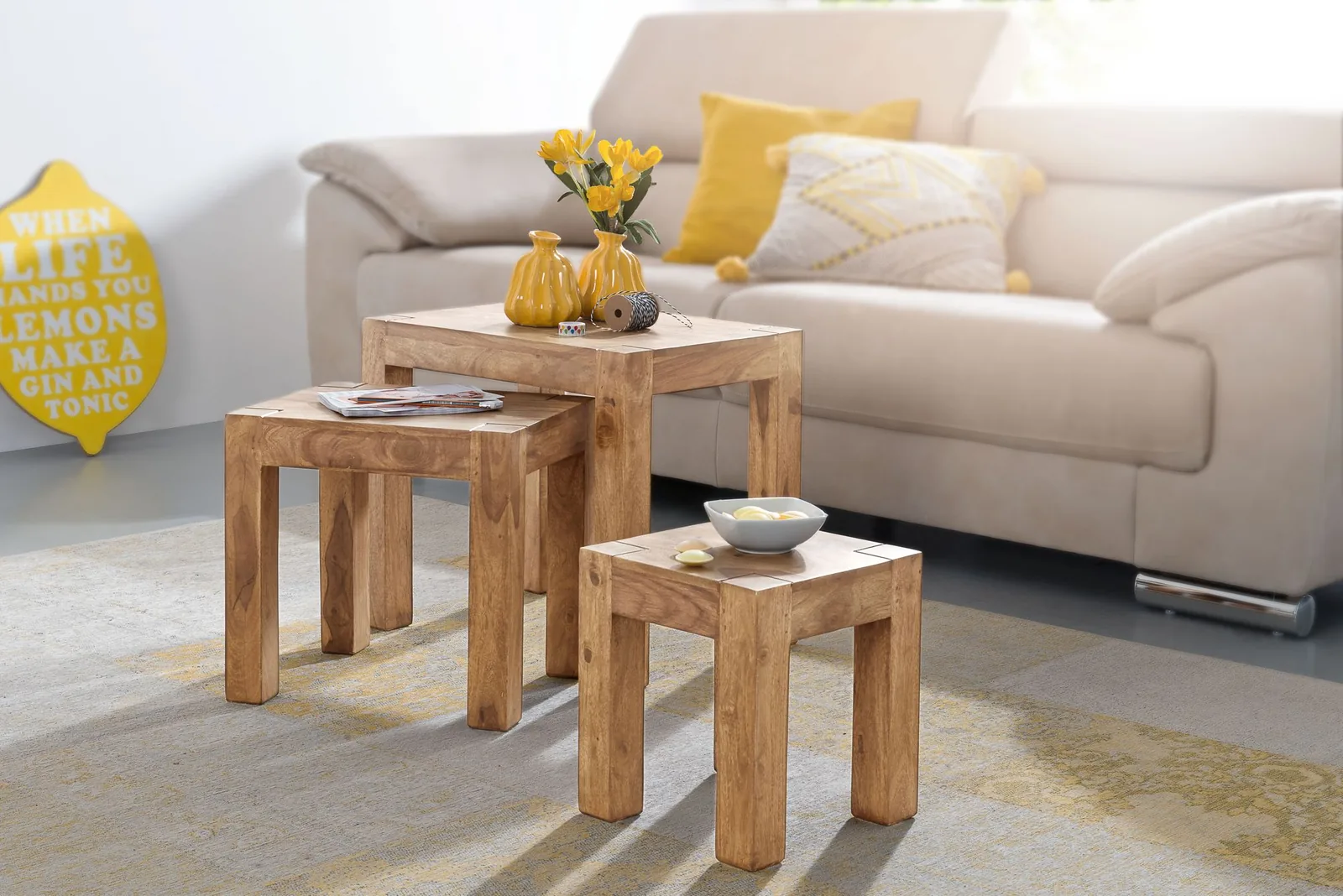 FineBuy 3er Set Satztisch Massiv-Holz Akazie Wohnzimmer-Tisch Landhaus-Stil Beistelltisch dunkel-braun Naturholz