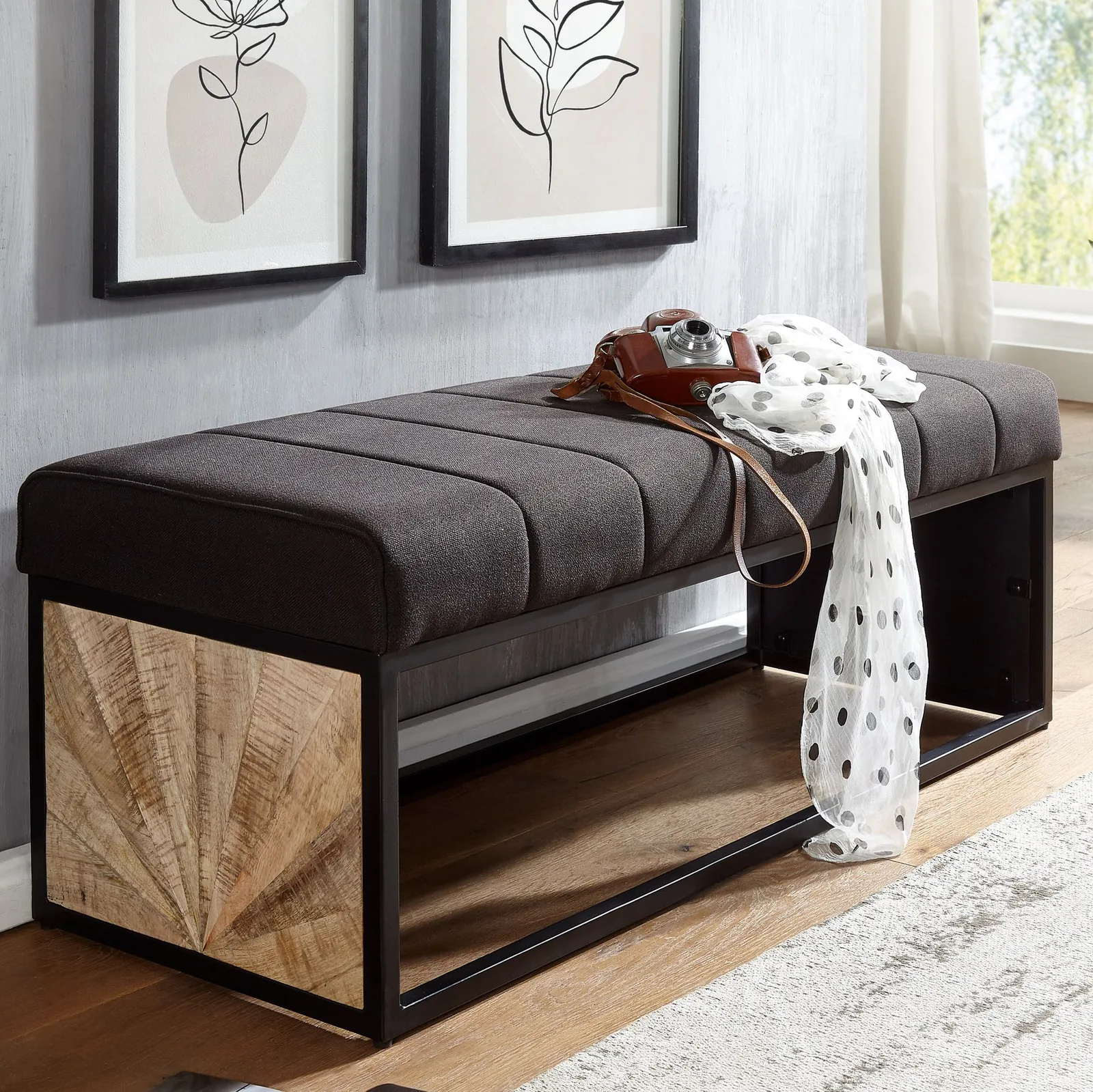 FineBuy gepolsterte Sitzbank, Schwarz – 105 cm