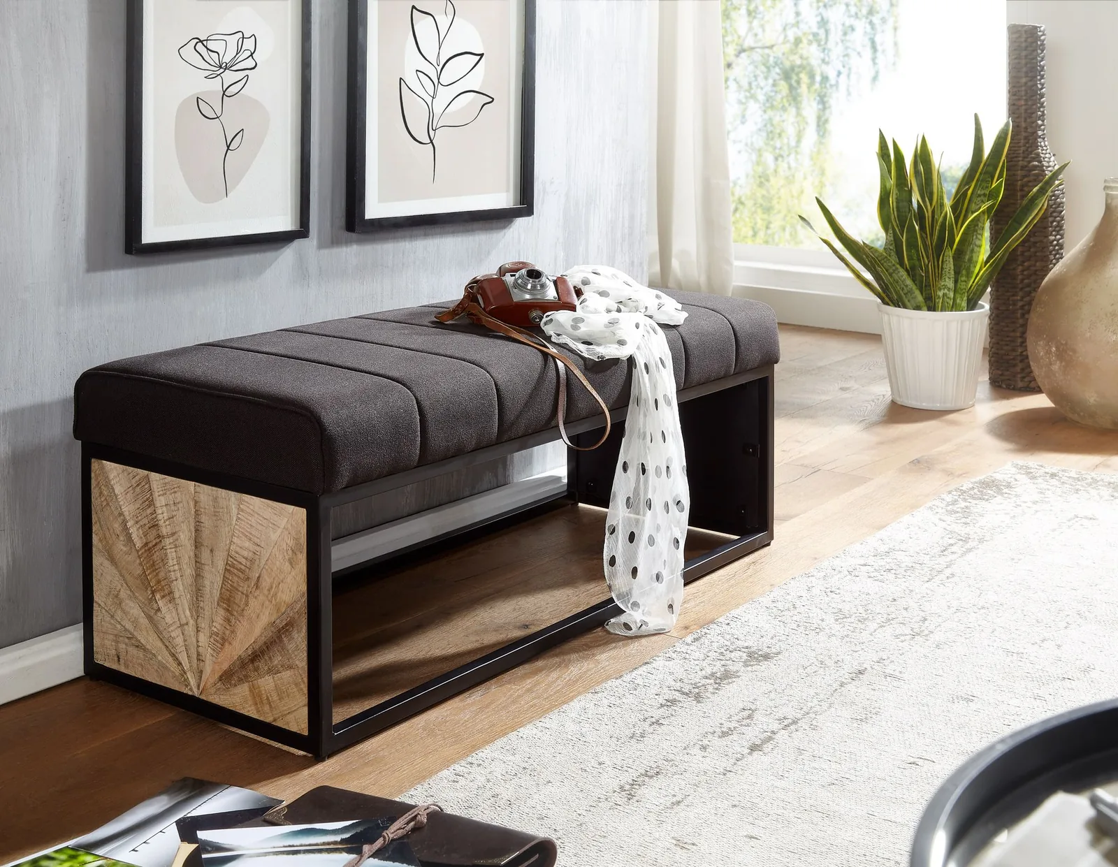 FineBuy gepolsterte Sitzbank, Schwarz – 105 cm