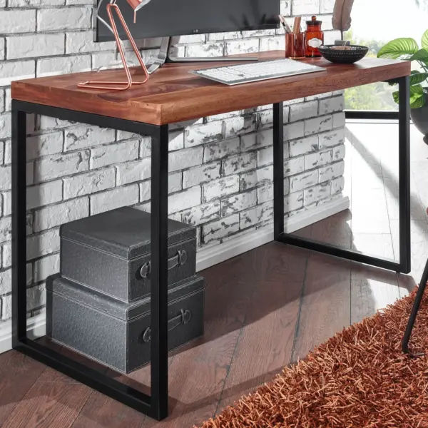 FineBuy Schreibtisch Sheesham Massivholz / Metall, Braun – 117 × 59 × 76,5 cm