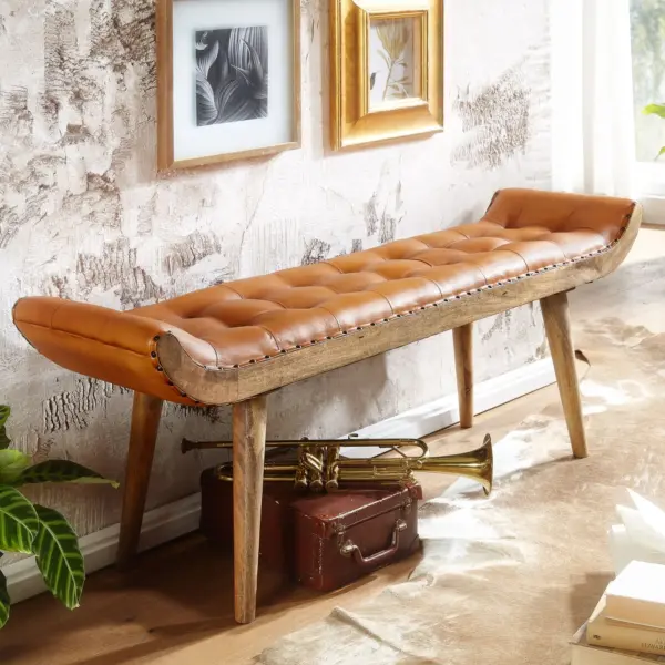 FineBuy Sitzbank Echtleder / Massivholz Bank Braun 125x50x38 cm Chesterfield