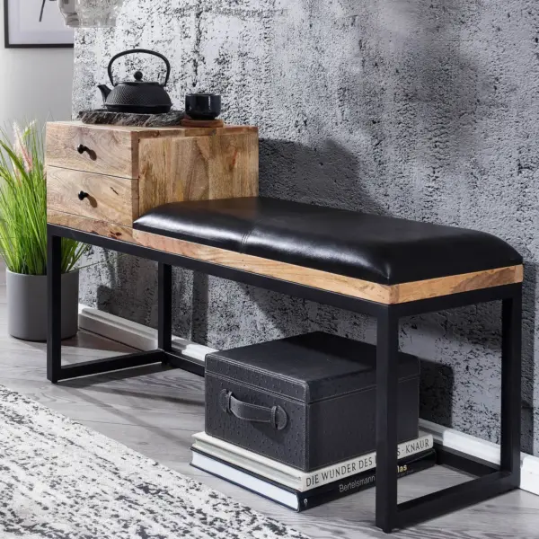 FineBuy gepolsterte Sitzbank 100 cm Massivholz Echtleder Schwarz mit Schublade – Retro Polsterbank für Garderobe, Schlafzimmer, Wohnzimmer – Garderobenbank Eingangsbereich FineBuy gepolsterte Sitzbank 100 cm Massivholz Echtleder Schwarz mit Schublade – Retro Polsterbank für Garderobe, Schlafzimmer, Wohnzimmer – Garderobenbank Eingangsbereich