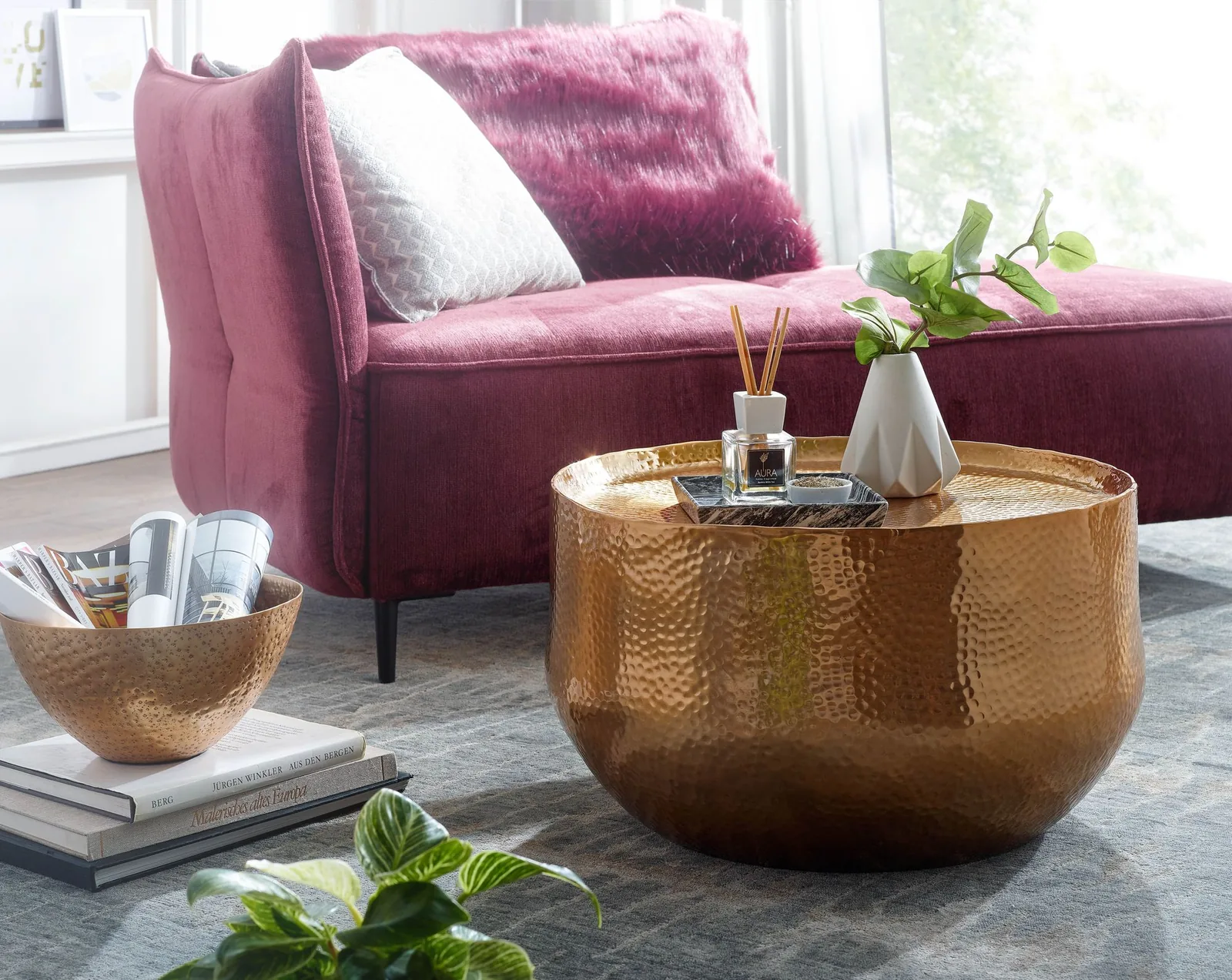 FineBuy Design Couchtisch rund 60 cm aus Metall - Handgefertigter Aluminium Wohnzimmertisch mit Hammerschlag - Orientalischer runder Alu Sofatisch