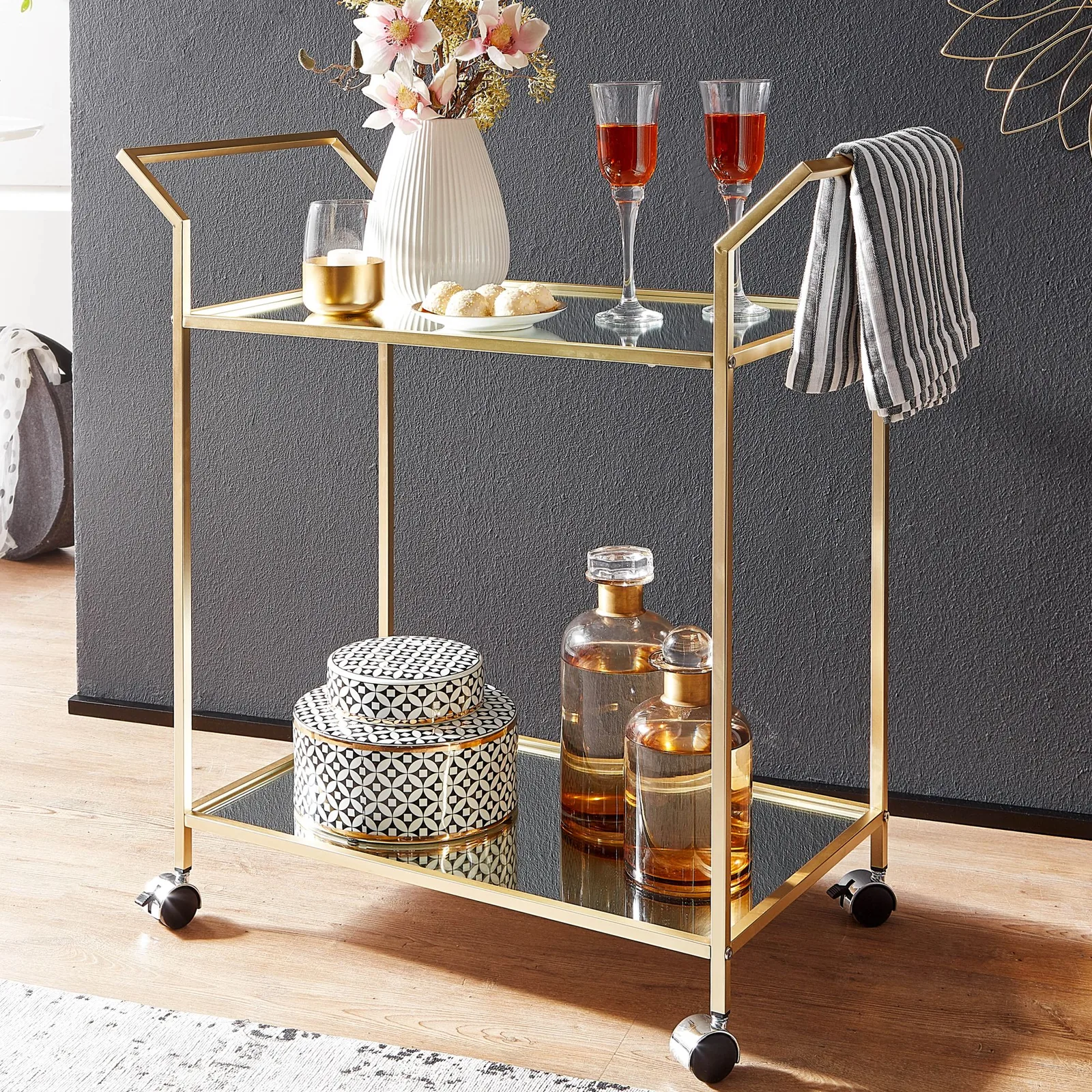 FineBuy goldener Design Servierwagen mit 2 Glasablagen