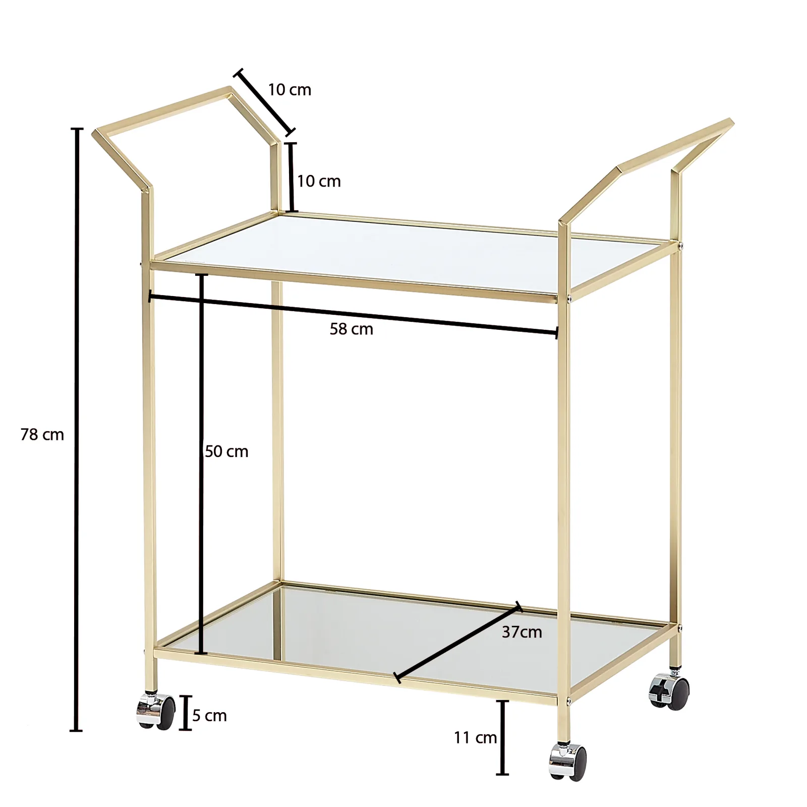 FineBuy goldener Design Servierwagen mit 2 Glasablagen