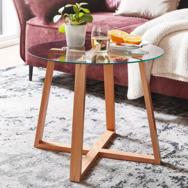 FineBuy Couchtisch Eiche Massivholz / Glas Sofatisch Rund Wohnzimmertisch, Transparent
