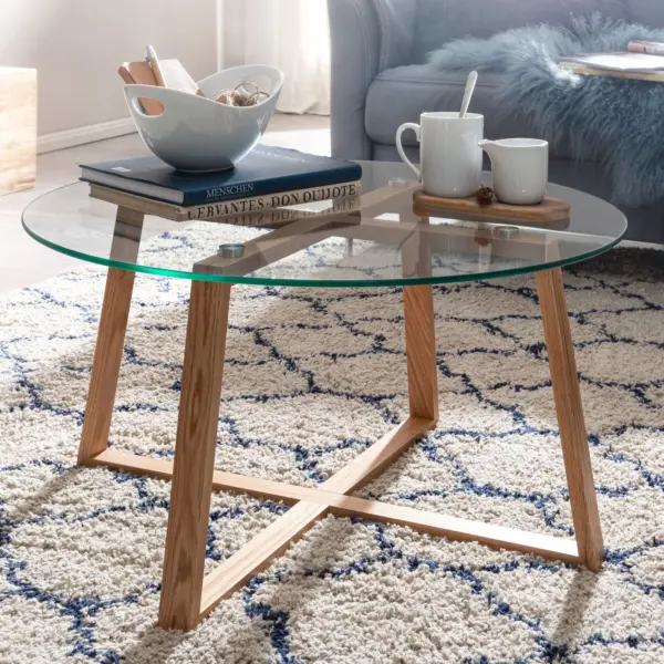 FineBuy Couchtisch Eiche Massivholz / Glas Sofatisch Rund Wohnzimmertisch, Transparent