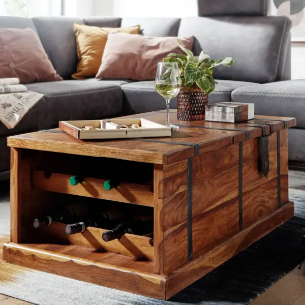 FineBuy Couchtisch Sheesham Massivholz Truhe mit Stauraum & Weinregal, Braun – 100 × 60 × 40 cm