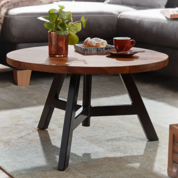 FineBuy Couchtisch Sheesham Massivholz rund Ø 60 cm | Wohnzimmertisch im Industrial Design mit stabilem Metallgestell | Handgefertigter Echtholz Tisch modern & edel