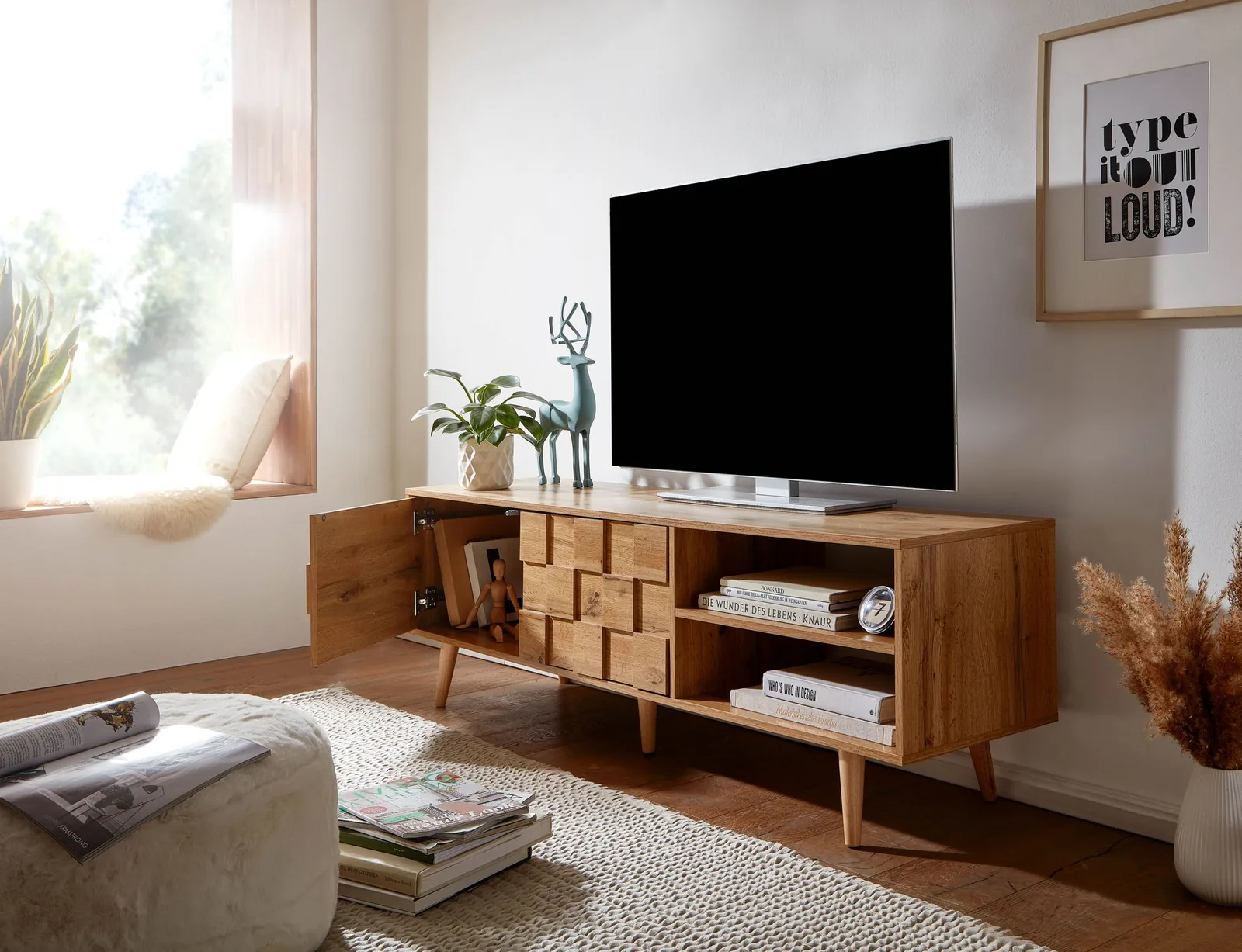 FineBuy Lowboard aus Holz, Braun – 160 × 51 × 40 cm
