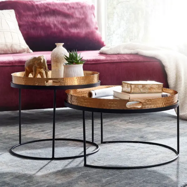 FineBuy Couchtisch 2er Set Metall Hammerschlag Satztisch Rund, Gold